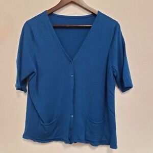 Eileen Fisher Womens Short Sleeve‎ Button Front Merino Wool Cardigan Size M Blue